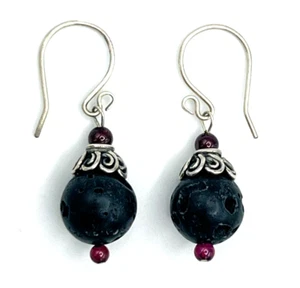 Sterling Silver Red Garnet Black Lava Earrings - Picture 1 of 5