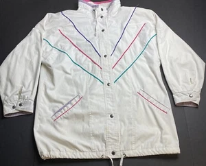 New York Girl Vintage Sz L 80s 90s Windbreaker Jacket White Bold Trench Coat E52 - Picture 1 of 8