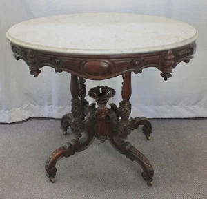 Antique Victorian Carved Walnut Parlor Table with Oval White Marble Top. - Picture 1 of 9