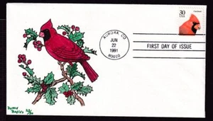 1991 CARDINAL bird holly Sc 2480 30c Dottie Boyles FDC hand-painted 23/30 - Picture 1 of 1