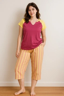 Conjunto de pijama jockey para mujer L rosa raglán camiseta pantalones a rayas ropa de dormir suave salón Foto 1 de 4