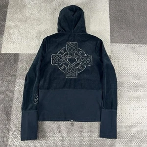 Y2K BCBG Maxazria Black Rhinestone Fitted Hoodie Celtic Cross Women M Cyber - Picture 1 of 7