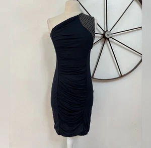 Yigal Azrouel navy fabric and leather one shoulder bodycon cocktail dress 0 - Picture 1 of 9