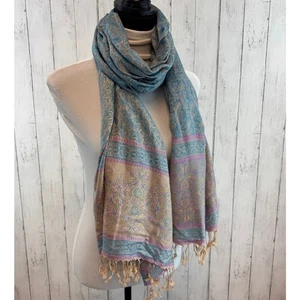 Sciarpa scialle frange arazzo jacquard pashmina blu viola cashmere paisley 35" - Foto 1 di 11