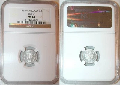 Rare 1919M Mexican 10 Centavos Silver Coin United States of Mexico NGC MS 64 - Image 1 of 3