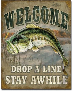 Bienvenida lubina pesca metal letrero de estaño cabina pesca hogar bar tienda decoración de pared #1669 - Imagen 1 de 1