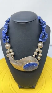 2 Stranded Lapis Stone Sterling Silver Necklace W/ Large Lapis Stone 114g 18 In - Picture 1 of 9