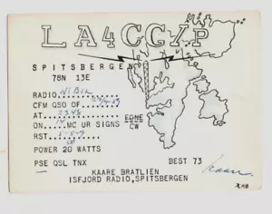 SPITSBERGEN, ISFJORD RADIO,KAARE BRATLIEN,1959 HAM RADIO QSL CARD,SHOWING ISLAND - Picture 1 of 1