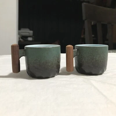 Set of 2 2oz Porcelain Ceramic Espresso Mugs Small Tea Cups with Wooden Handle - Image 1 of 4