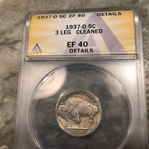 1937-D 3-Legged Buffalo Nickel XF40 Details - Picture 1 of 2