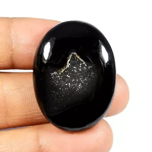 Natural Black Agate Onyx Druzy Gemstone Oval Shape Cabochon Loose 61 Cts #10027 - Picture 1 of 6