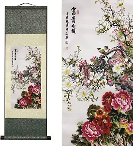 Chinese Gorgeous Birds and Flower Painting on Silk Scroll Wall Hanging - Picture 1 of 8