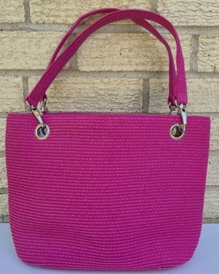 Large Pink Woven Paper Straw Shoulder Bag Tote Statement Beach Chic Playful  - Image 1 of 4