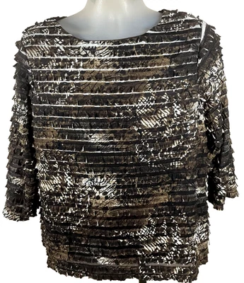 Blusa Coldwater Creek Top 1X Marrón Volantes Textura Estampado Abstracto Manga 3/4 Foto 1 de 4