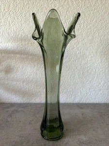 Vintage Fenton Smokey Green Swung Glass Vase 9" 5-Finger - Picture 1 of 7