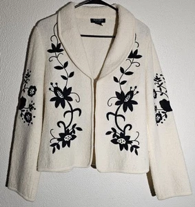 Clothes By Revue 100% Wool Ivory Black Embroidery Floral Design M Blazer Jacket - Picture 1 of 11