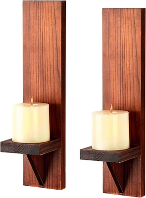 2 Set Wooden Wall Candle Sconces Rustic Wall Mount Wooden Pillar Candle Sconces - Image 1 of 4