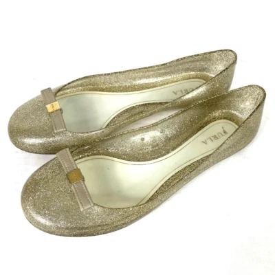 Furla Gold Sparkly Glitter Bow Accent Clear Plastic Jelly Ballet Flats Size 7/37 - Image 1 of 4