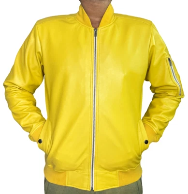 New Stylish Men's 100% Real Genuine Leather Bomber Biker Leather Jacket Yellow - Image 1 of 4