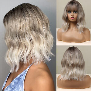 Short Wave Ombre Ash Brown Hair Wigs with Bangs for Women Daily Cosplay Wear