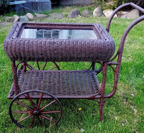 Beautiful Antique Wicker Tea Cart . Original Glass! Well Cared For ! Cover