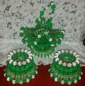 Green & Crystal Bead & Safety Pin Basket & Candle Votives Set~St. Patrick's Day* - Picture 1 of 5
