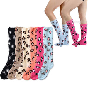 3-12 Women Leopard Printed Warm Winter Socks Fuzzy Cozy Slipper Long Fleece 9-11