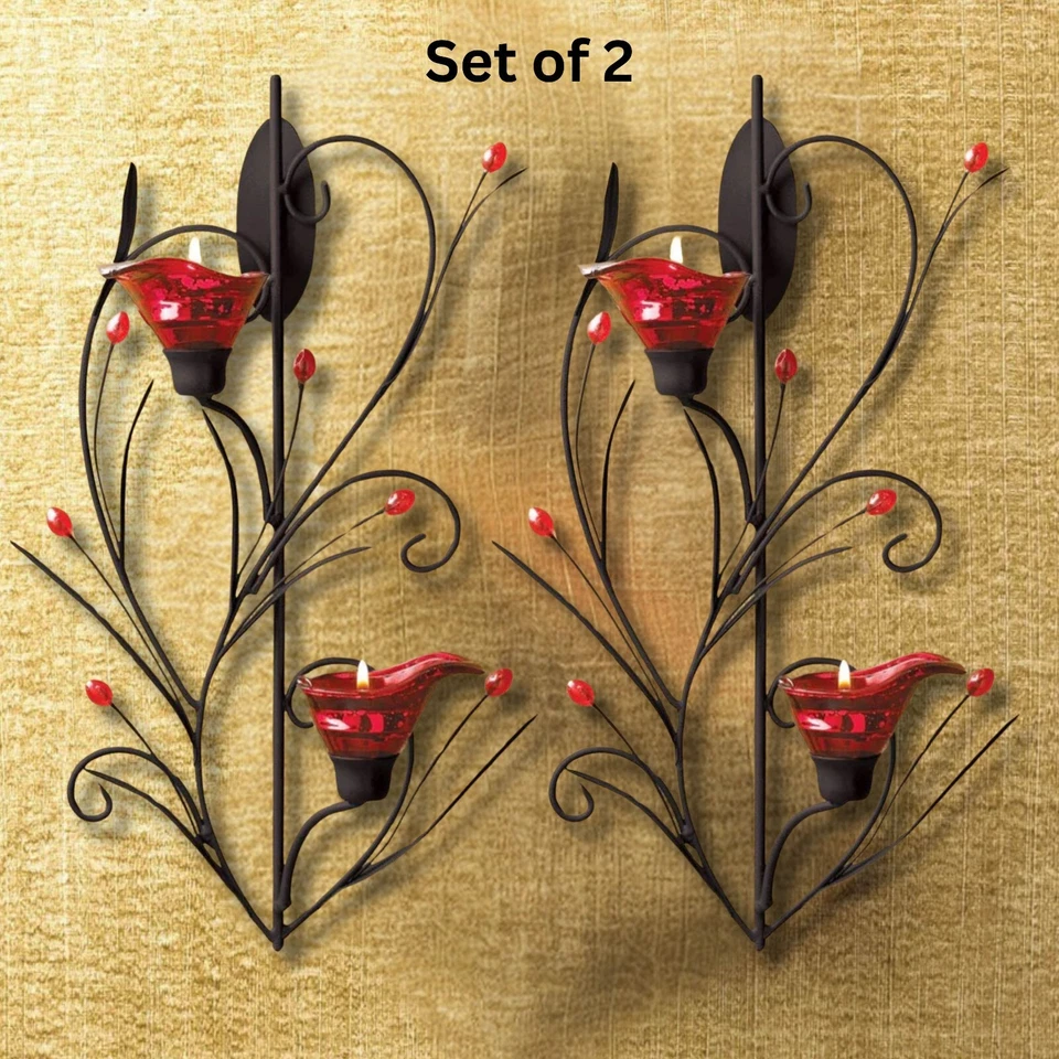Juego de 2 apliques de montaje en pared con flor de rubí candelabro lámpara linterna decoración del hogar Foto 1 de 4