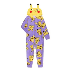 Pokemon Pajamas Size 4-12 Girl One Piece Union Suit Hoodie Costume Halloween Boy - Picture 1 of 3