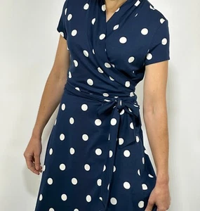 HOBBS Full Wrap Dress S10 Short Slv Print Polka Fabric Belt Knee Navy/Wht (A196) - Picture 1 of 4