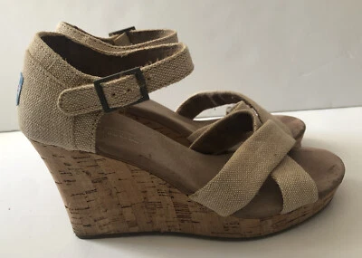 TOMS Natural Sierra Lona Arpillera Entrecruzada Punta Abierta Corcho Cuña Sandalia Mujer 8W Foto 1 de 4