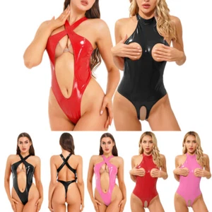 Damen Wetlook PVC Leder Dessous Body hoch geschnitten Turnanzug Cutout Clubwear - Bild 1 von 67