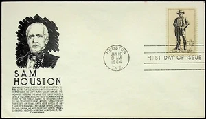 1964 First Day Issue Sam Houston Vintage Envelope Stamp Texas 5c - Picture 1 of 2