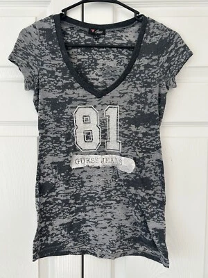 GUESS женщин серый Sport графический печать коротким рукавом v-образным вырезом блузка рубашка размер S - Изображение 1 из 4