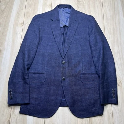 Hackett Mayfair London Wool Linen Blue Plaid Windowpane Sport Coat Mens 40R - Image 1 of 4