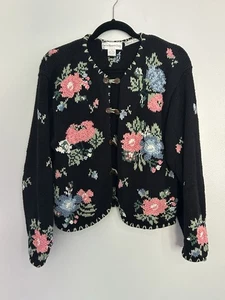 Vintage 90s Floral Embroidery Knit Cardigan Sweater Black Cottage Granny Medium - Picture 1 of 20