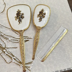 Vintage 24 K Gold Plated Floral Ornate Hair Brush Mirror & Comb Vanity 3 Pc Set - Picture 1 of 8