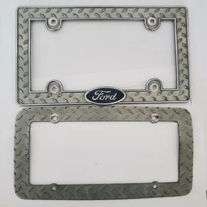 2x Ford Metal Silver License Plate Frame Holder Metal Pattern Mustang GT Viper - Picture 1 of 2