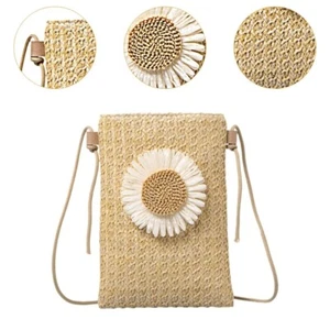 Floral Crossbody Shoulder Bag Grass Woven Coin Purse Casual Wear - Picture 1 of 10