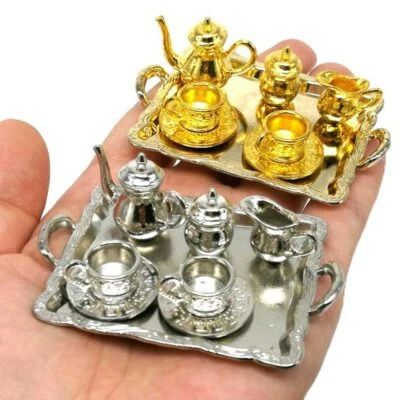 HEALERWORLD 1:12 DollHouse Miniature Kitchen Set Dining Ware Metal Teapot Gold Cup Plate Kit