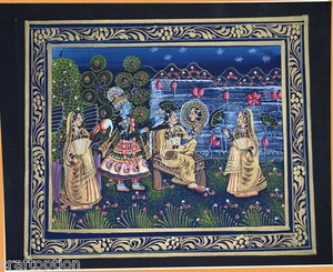 Pintura india en miniatura original de Radha Krishna sobre tela de seda colores naturales - Imagen 1 de 4