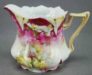 RS Prussia Mold 572 Art Nouveau Yellow Roses Pink & Gold Creamer Circa 1880-1910 - Picture 1 of 9