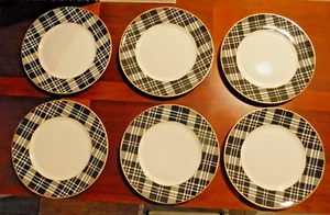 SET of 6 PIER 1 DEWSBURY DINNER PLATES / BLACK and WHITE PLAID 10 3/4" PORCELAIN - Picture 1 of 13