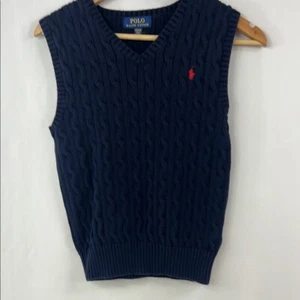 Polo Ralph Lauren Navy Old Luxury Cable Knit Sleeveless Vest Size M 10-12 - Picture 1 of 9