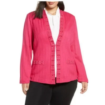 $390 Ming Wang Tailored Fit Embellished Detail Knit Jacket/Cardigan Pink, 3X - Image 1 of 4