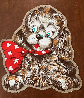 Vintage 50s CUTE PUPPY Dog Red Bow Cut and Sew Cotton Fabric Panel 15"x17" RARE - Image 1 of 4