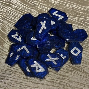 Coffin Shaped Deep Blue Shimmer Resin Rune Stones, Elder Futhark - Picture 1 of 12