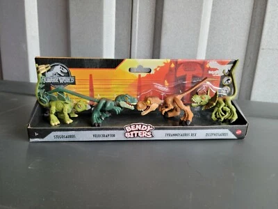 JURASSIC WORLD Bendy Biters 4-PACK Stegosaurus Velociraptor T-Rex Dilophosaurus - Image 1 of 2