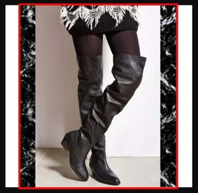 NUEVAS botas de cuero negras por encima de la rodilla Ecote Fiona talla 8 ¡Tacón bajo cómodas! Foto 1 de 4