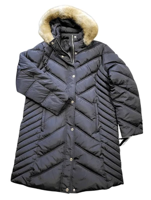 Nuevo con etiquetas Abrigo Michael Kors Para Mujer XL Negro Chevron Puffer Imitación Piel Con Capucha Foto 1 de 4